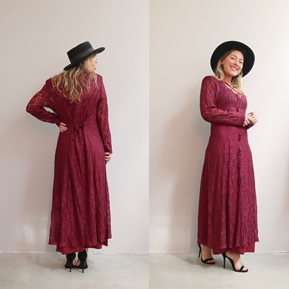 1980's Witchy Wine and Lace Dress // Women's Size Medium to Large // Sheer Lace - Picture 7 of 7